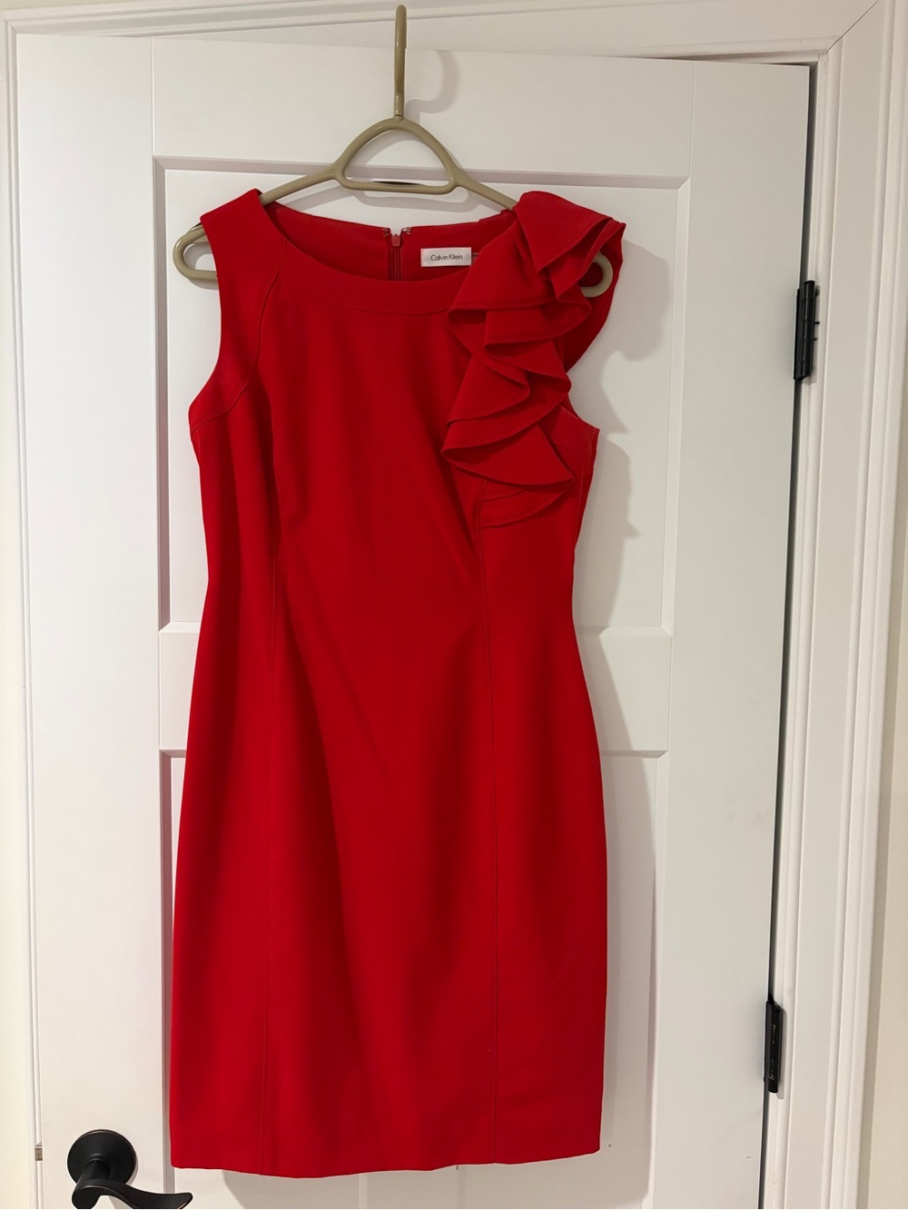Calvin Klein Red Sleeveless Ruffle Sheath Dress